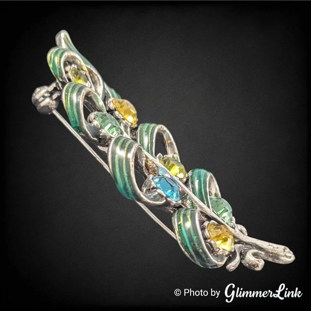 Vintage Enamel Rhinestone Leaf Brooch Silver Tone Green Ribbon Curl Design
